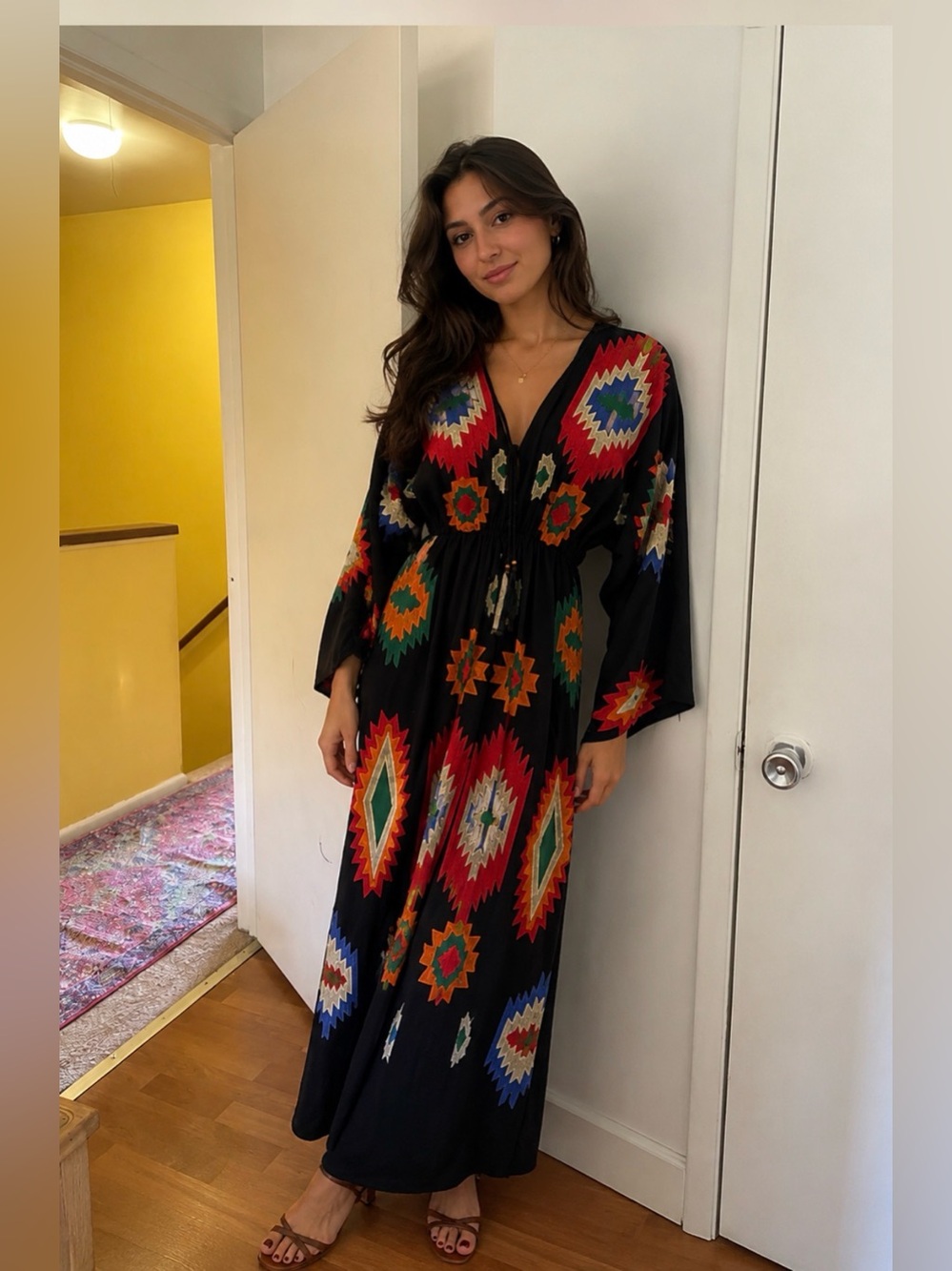 Bohemian Black Maxi Dress with Multicolor Geometric Print